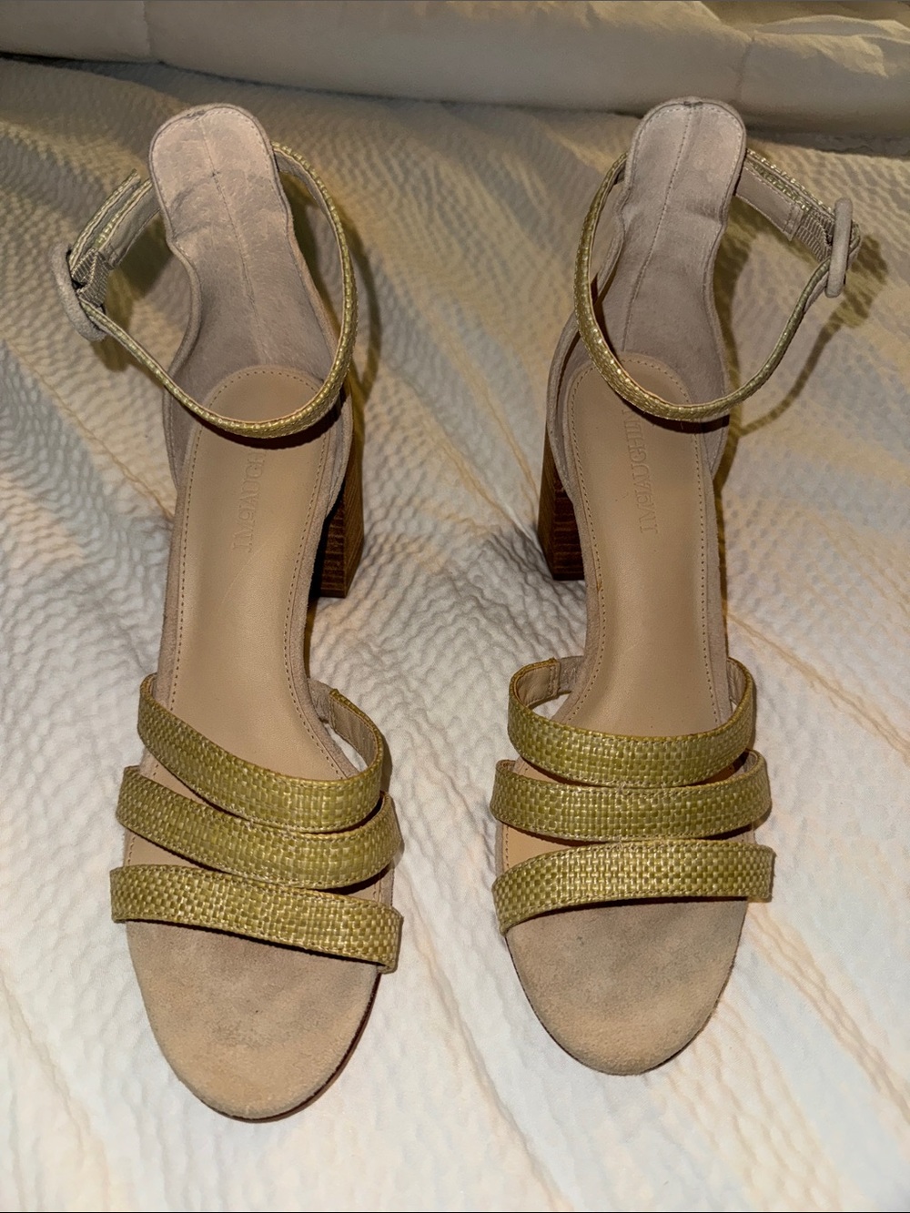 Ankle‑Strap Heeled Sandals in Olive Green with Woven Straps